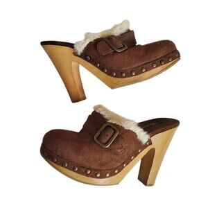 Y2k Clog Mules Wooden Heel Fur Brown Grommet Splash - Size 6